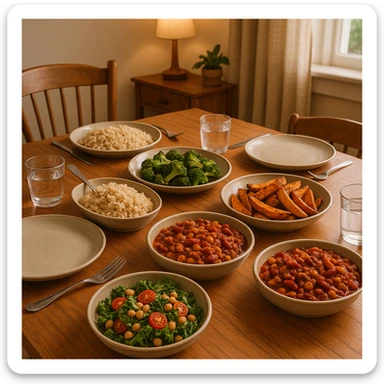 table set with moderate portions, fiber and protein-rich dishes, no refined sugars, cozy atmosphere, realistic details, family dining room background sticker