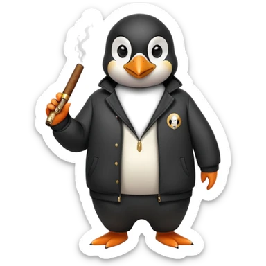 friendly anthropomorphised penguin wearing a mafia-style tracksuit, holding a cigar, secretive scheming pose, soprano vibe sticker