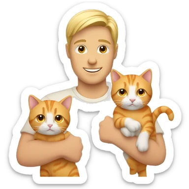Blonde man holding one beige cat and one orange cat sticker