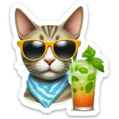 cat wearing a sunglass drinking mojito at thr beach sticker