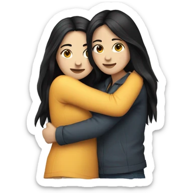 A lesbian couple with white skin and long black hair hugging intimately sticker