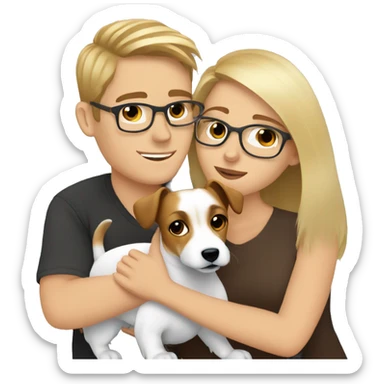 Blonde girl and her white boyfriend with brown hair and glasses cuddling a jack Russell  sticker