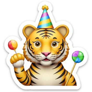 Party Tiger with a party hat and a party popper sticker