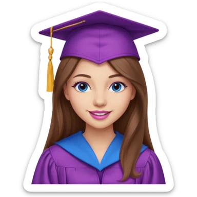 girl with gorgeous long brown hair, blue eyes, long lashes makeup, sexy pink lips, wearing a purple and pink graduation cap and gown sticker