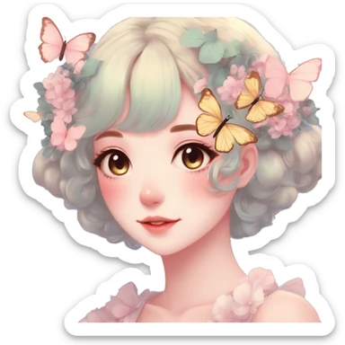 Gorgeous Pastel Anime-Style Lady Butterflies flower petals leaves around cottage core pastelcore kawaii aesthetic trending style sticker
