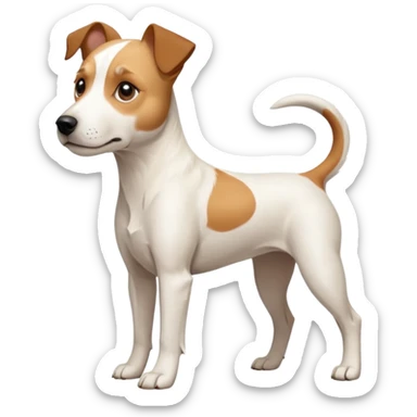 a full body facing front on of a buff white parson russell terrier looking dog the size of a kelpie with light brown long ears resting on its face and a light brown patch above one eye and a large snout. the rest of the dog is completely white.  sticker