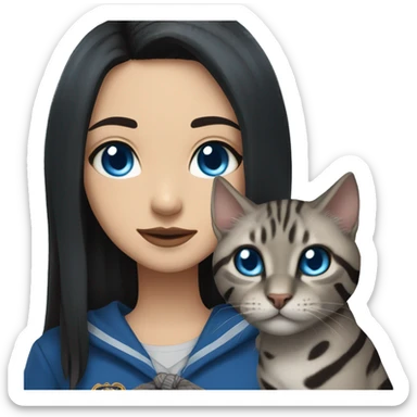 Girl with light skin and blue eyes, shoulder length streight black hair, wears a ravenclaw outfit, with a silver bengal cat holding in her arms sticker