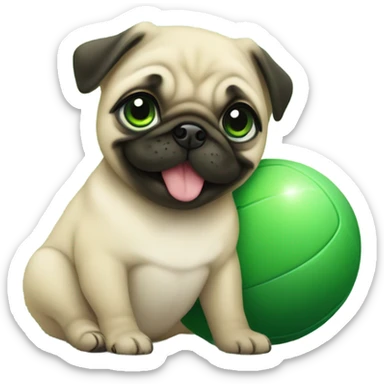 Cute Smiling Baby pug with green eyes playing with a green ball sticker