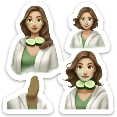 White girl with Brown hair and blue eyes wears a Green colored skincare clay textured mask and puts on cucumbers around her eyes while She relaxes in her white Robe sticker