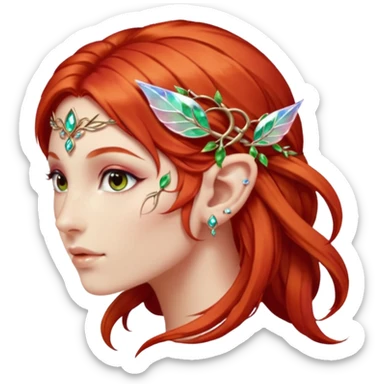 portrait of red haired Elvish fae shiny sparkly iridescent translucent diaphanous ear climber ear cuff sticker