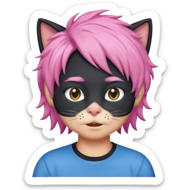 Black cat wearing a male pink hair wig, blue T-shirt sticker