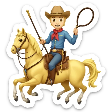 Cowboy riding a horse with whip. Cowboy With yellow skin and smilling. Simplize it and I need a full pic with horse. Like I need the leg part too sticker