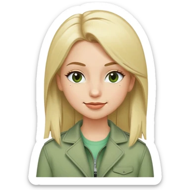 winking girl with straight blonde hair, fair skin, brown eyes, wearing mascara and a sage green jacket sticker