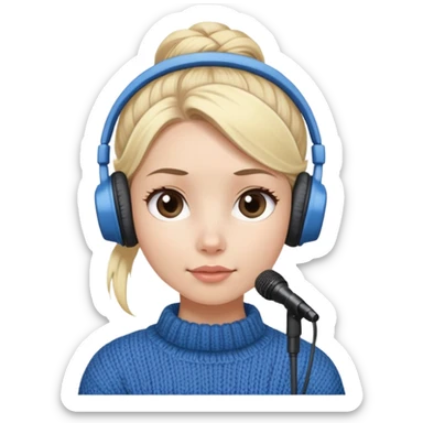 a cute face girl have bright white skin
and natural and small lips with
blue knitwear with a blonde one hair
bun and she is a podcaster in her
school. with recording microphone in
front of her not held and a headphone
in her head sticker