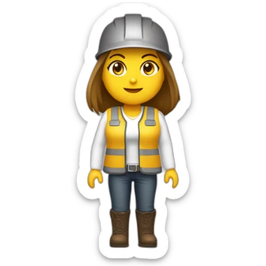 Mujer con casco obra conpletamente blanco pelo lacio castaño oscuro chaleco de obra amarillo fosforito y camisa blanca sticker