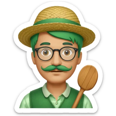 venice gondolier with green hair, iconic hat, normal glassess and mustache sticker