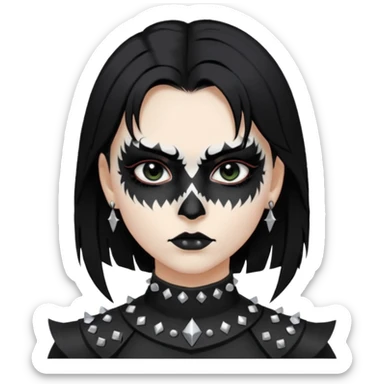Crea una ragazza con stile black metal,  paint face black metal, capelli neri mossi dalle spalle e occhi bianchi e un collare con borchie a punta sticker