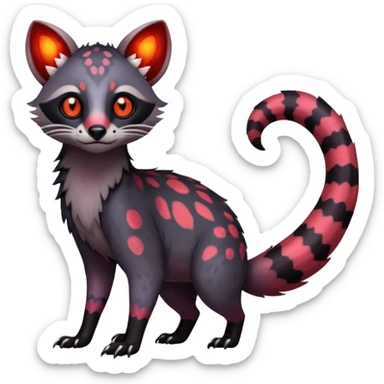 Rare warm-colored exotic edgy epic aesthetic gloomy spooky dark modern colorful cyber-Genet-Trico-Civet-species-Fakemon-hybrid-creature, with beautiful intricate markings, full body sticker