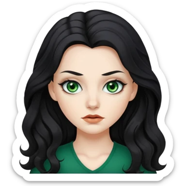 Mean looking white girl with long, wavy black hair, green eyes, and wearing makeup. sticker