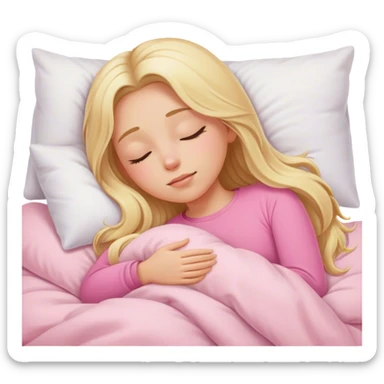 Cinematic realistic blonde with long hair, dressed in a pink top, sleeps in a cozy, soft bed, covered with a white duvet sticker
