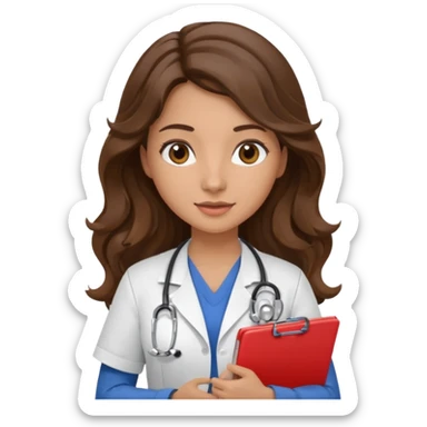 make a brunette nurse with long brown wavy hair and brown eyes holding a clipboard. she should also have a stethoscope around her neck. sticker