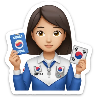 A young Asian guide holding her tour license in both hands, wearing a white shirt with the South Korea badge on her chest. sticker