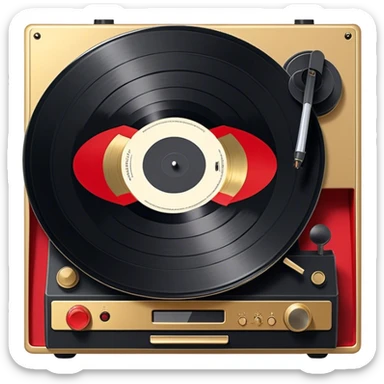 Icon for Vinyl Record Collecting: large black, golden and red vinyl records in decorative packaging featuring artist images, neatly arranged on a wall or shelf, modern vinyl record player. The icon should reflect the aesthetic and artistic aspect of collecting vinyl records. Transparent background. sticker