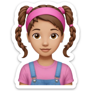light skin woman with nice brown hair tied together in a one hairtie, wearing a pink t-shirt, demin overalls and pink wraparound hairband. expression is friendly, warm and enthusiastic.  sticker