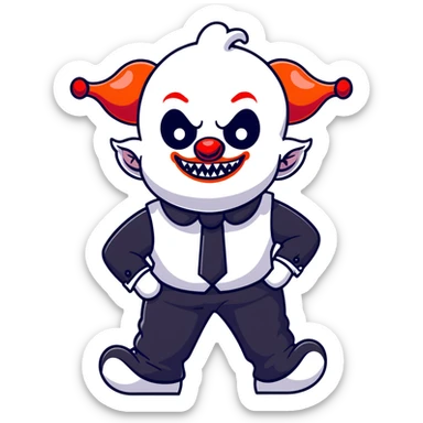 full-body demonic clown in black and white leisure suit with bellbottom pants, bald, black ram horns, flashy black and white belt, ruffled white shirt, no neck tie, large fangs, cartoon sticker style sticker