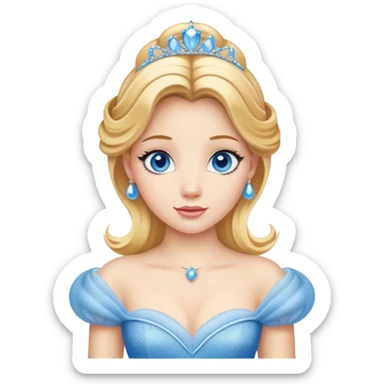 Cinematic Realistic Comical Cinderella Portrait, with every detail rendered realistically—from the soft, smooth texture of her fair skin to her artfully styled golden-blonde hair. Her bright blue eyes are wide with playful disbelief, and her expression carries a touch of whimsical humor while retaining elegant poise. Her classic ball gown, detailed with rich fabric textures and natural shadows, catches the light in a way that blends refined beauty with a hint of cheeky mischief, creating a striking, lifelike portrayal. sticker