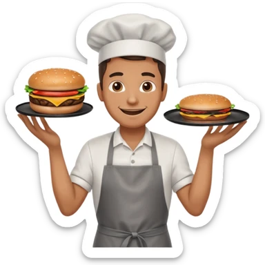 A cheerful man in an apron flipping burgers on a sizzling grill with smoke puffing upward. sticker