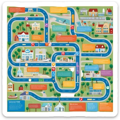 journey on a game board about Type 1 diabetes and aging with pathways and landing places (hospital, places to live, advocacy, physical changes, to share knowledge and ways of coping, energetic with text: T1D to 100 and subtext Aging with Type 1 diabetes sticker