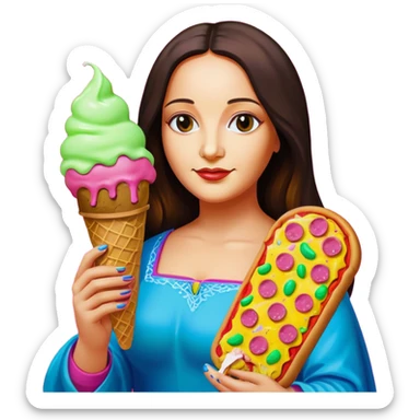 pop art neon Monalisa holding Melted spam meat ice cream pizza slice sticker
