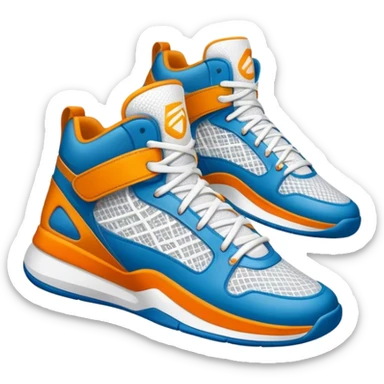 Cinematic Realistic image of a pair of basketball sneakers featuring detailed mesh and leather textures, vibrant color accents and dynamic design lines, illuminated by bold, high-energy arena lighting sticker