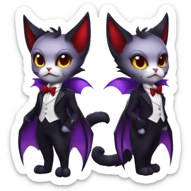 Cute-Evil-Vampiric-Batty-Cat-Black-Purple-Red-Yellow-Contrast-Colors-Fantasy-Fur-Sona-Chibi-Shiny-Fakémon-Hybrid with horns and big fangs neck bow white tie leg spats full body sticker