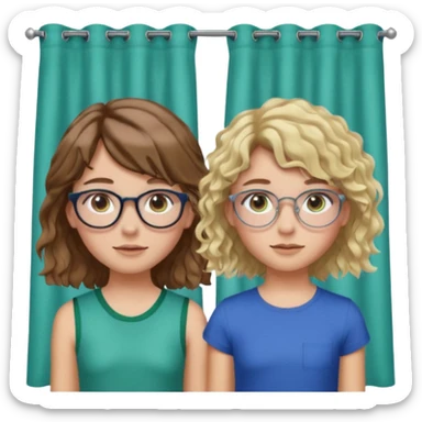 Two girls
Girl number 1: has fair skin, glasses, brown eyes, brown straight hair with a blonde undercut
Girl number 2: has light skin, blue green eyes, freckles, a silver hoop nose piercing on the right of her nostril, brown curly/wavy hair, and curtain bangs sticker