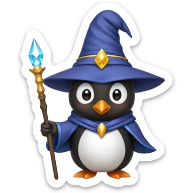 penguin dressed as a wizard with a pointy hat and a magic staff, cute emoji style sticker