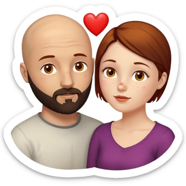 Couple. Bald man with dark brown-black beard. Woman with many small, faded, round, small freckles, white skin and she has auburn-yellow-brown dark hair. She has light yellow-brown eyes. He have hazel eyes. They look at each other. Many small red hearts around them. sticker