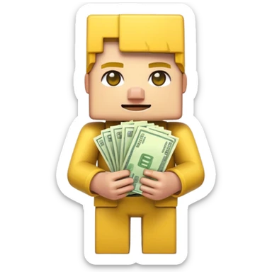 emoji style icon, minecraft blocky character holding a stack of money, pixel art style, bright colors, simple background, 3D glossy emoji, centered composition, soft shadow, high detail, clean outline, white background sticker