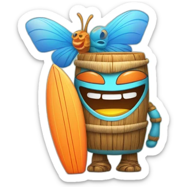 Cartoon Blue and orange smiling tiki with butterfly and surfboard sticker