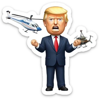Donald trump by himself holding an airplane in one hand and a helicopter in the other hand smashing them together sticker