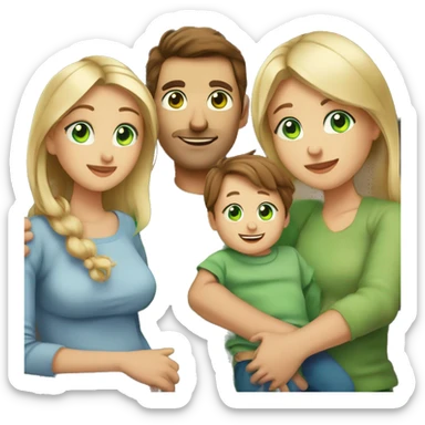 Mom with brown hair and green eyes holding a baby boy  with brown hair and blue eyes in her arms  next to dad with brown hair and green eyes holding hands with a an older girl with blonde hair and blue eyes next to a young boy with brown hair  sticker
