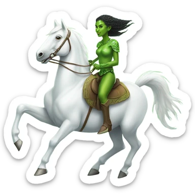 a green amazon alien woman on a white horse sticker