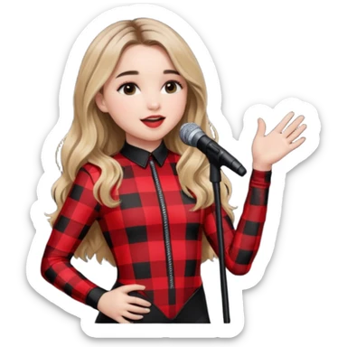 Sabrina carpenter singing at concert wearing a black and red plaid bodysuit sticker