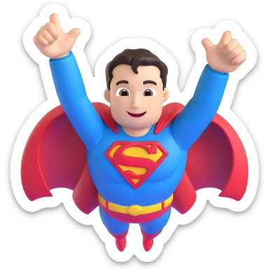 Superman smiling heroically with iconic S logo, floating in the air, 3D emoji style sticker