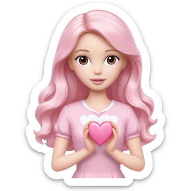 White Barbie girl with long wavy dark brown hair in pale pink clothes holds pale pink heart sticker