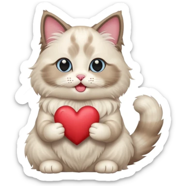 Full body ragdoll Cat holding a heart and mouth open, blush on cheeks sticker