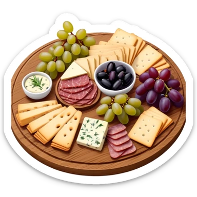 Delicious charcuterie board with assorted cheeses, meats, crackers, grapes, and olives arranged beautifully on a wooden board sticker
