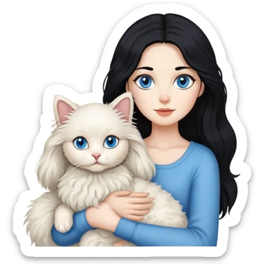 Lady with long black hair, with a long hair Ragdoll cat and a small poodle  sticker