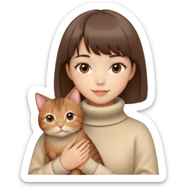 Cute East Asian girl, soft fair skin, big brown eyes, straight bangs, inward brown bob. Wearing a beige turtleneck sweater and cream-colored coat, rosy cheeks, gentle smile, holding an Abyssinian c sticker